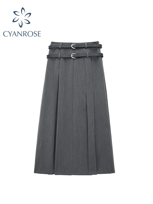 Women's Grey Long Skirt Y2k Vintage Japanese Harajuku High Waist Pleated Skirt Goth Black A-Line Mini Skirt 2023 Summer Clothes