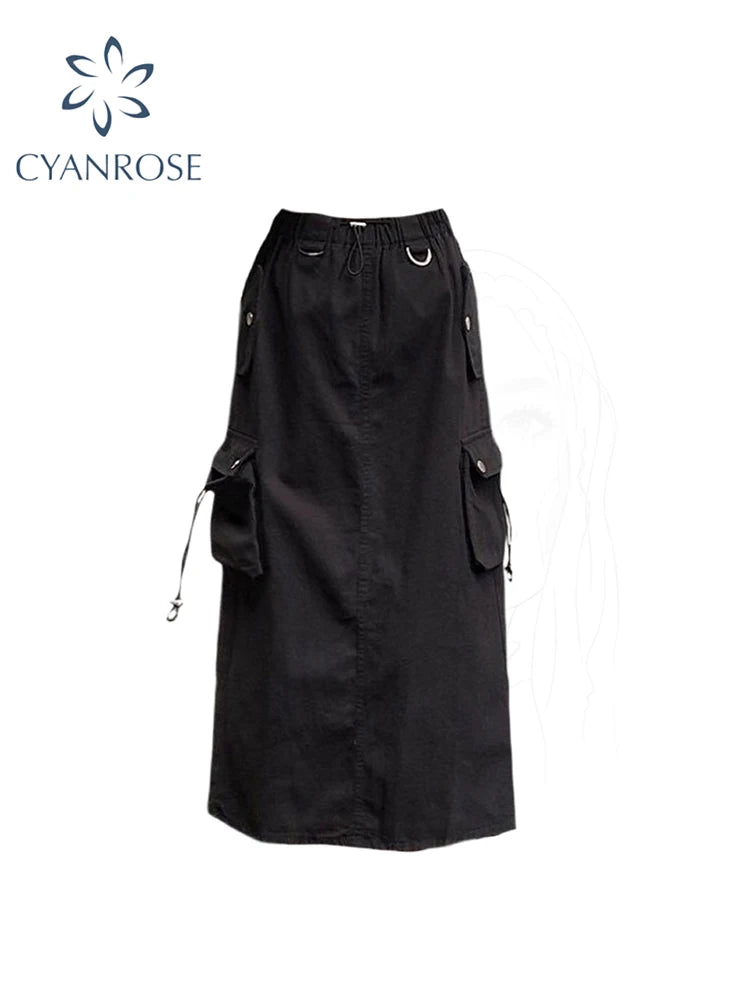 Women's Black Gothic A-line Cargo Skirt Vintage Aesthetic Streetwear Y2k Long Skirt Harajuku Korean Skirts 2000s Clothes Summer
