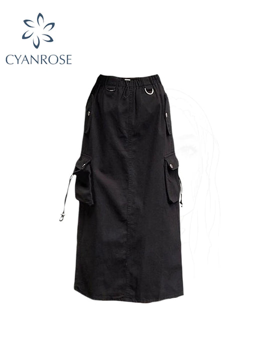 Women's Black Gothic A-line Cargo Skirt Vintage Aesthetic Streetwear Y2k Long Skirt Harajuku Korean Skirts 2000s Clothes Summer