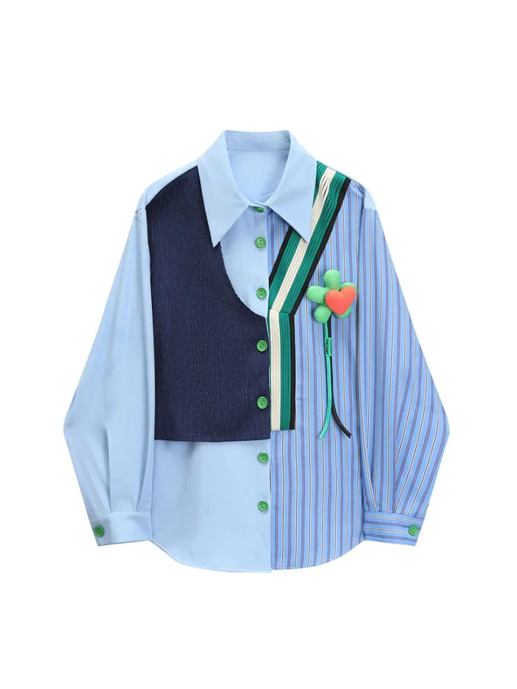 Elegant Women's Fake Two Pieces Striped Patchwork Shirt Chic Vintage Blouses Casual Lapel Collar Long Sleeve Loose Blouse Female