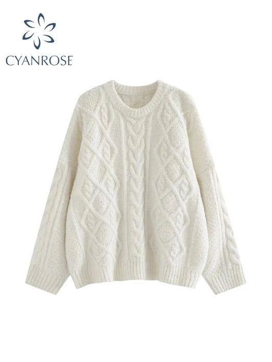 Women Off White Pullover Knit Sweater Harajuku Aesthetic Y2k Long Sleeves O-Neck Sweaters Elegant Vintage 2000s Fashion Clothes