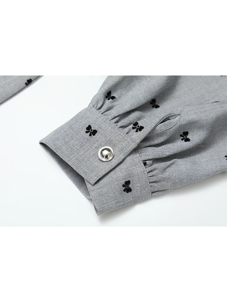 Women Grey Bow Print Shirts and Blouses Y2k 90s Vintage Korean Harajuku 2000s Elegant Long Sleeve Polo-Neck Shirt Trashy Clothes