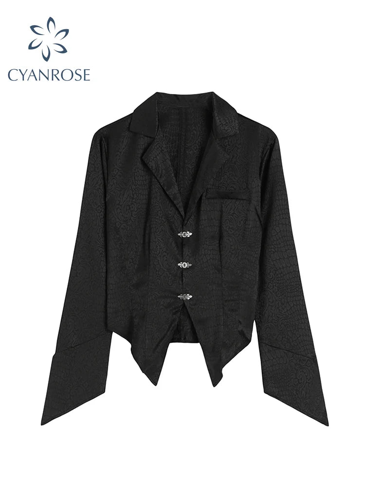 Women's Jacquard Blouse - Black Notched Collar Loose Tunic Office Elegant