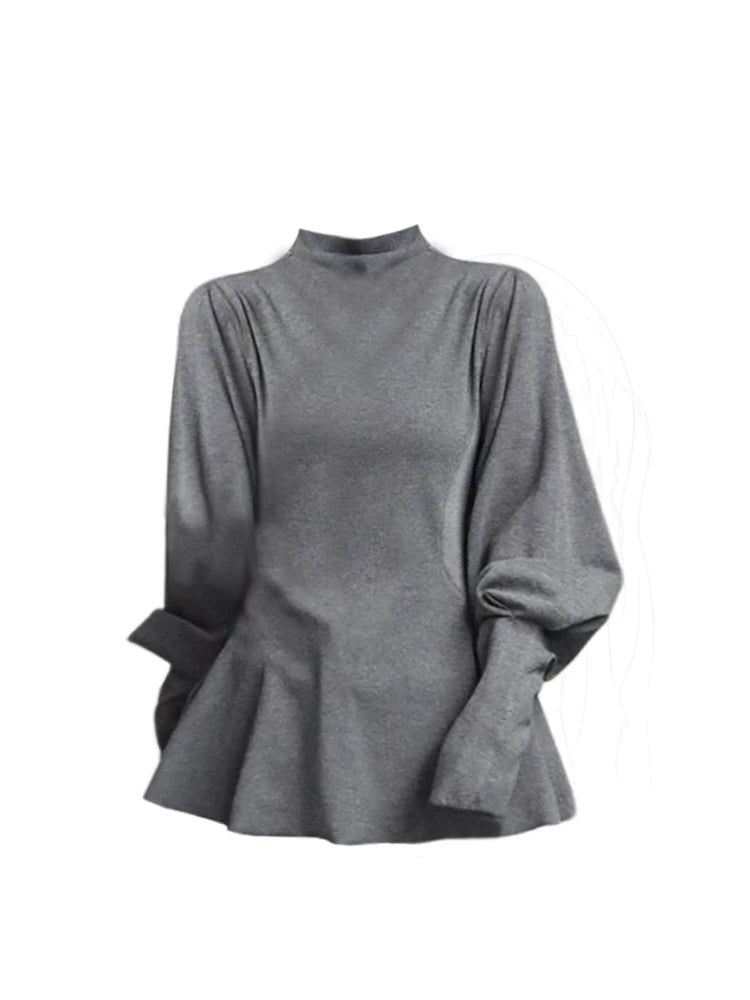 Women's Grey T-shirt Harajuku Korean Y2k Lace Tee Top Vintage 90s Aesthetic Long Sleeve Turtleneck T-shirts 2000s Clothes Autumn