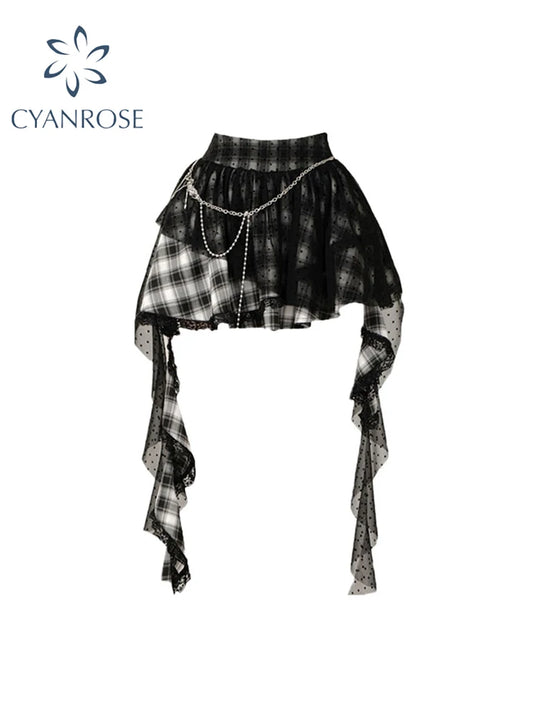 Women's Patchwork Gothic A-line Plaid Skirt Aesthetic Vintage Y2k Punk Skirts Harajuku Korean Mini Emo Skirt 2000s Clothes 2024