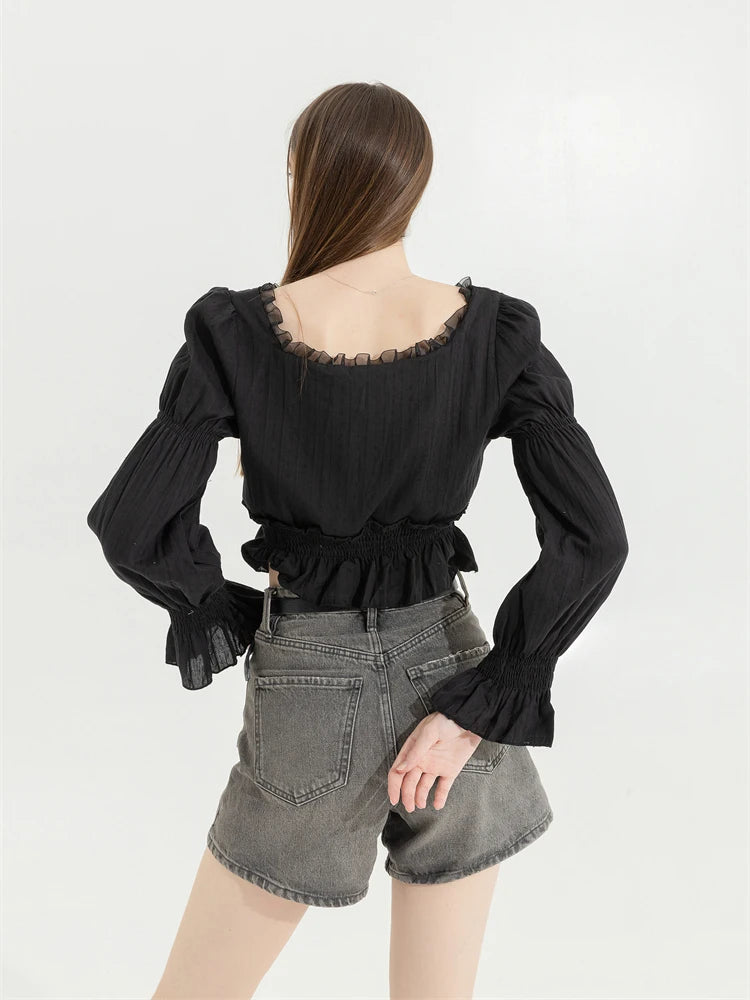 French Pleated Lantern Long Sleeve Shirt For Women's 2022 Spring And Autumn New Vintage White Square Collar Blouse Tops Female