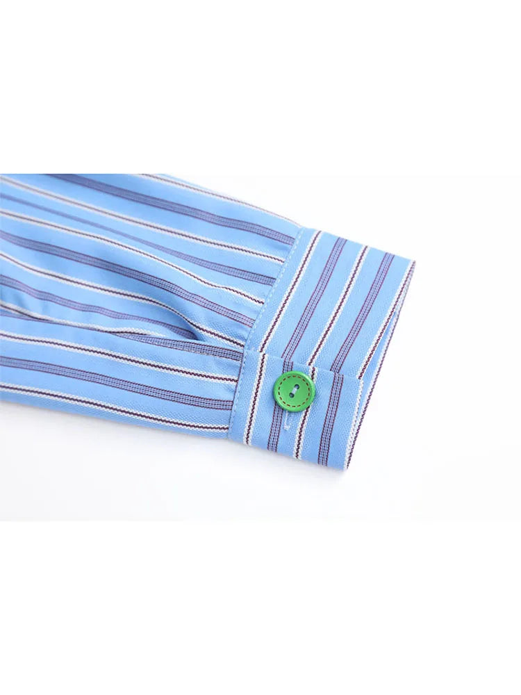 Elegant Women's Fake Two Pieces Striped Patchwork Shirt Chic Vintage Blouses Casual Lapel Collar Long Sleeve Loose Blouse Female