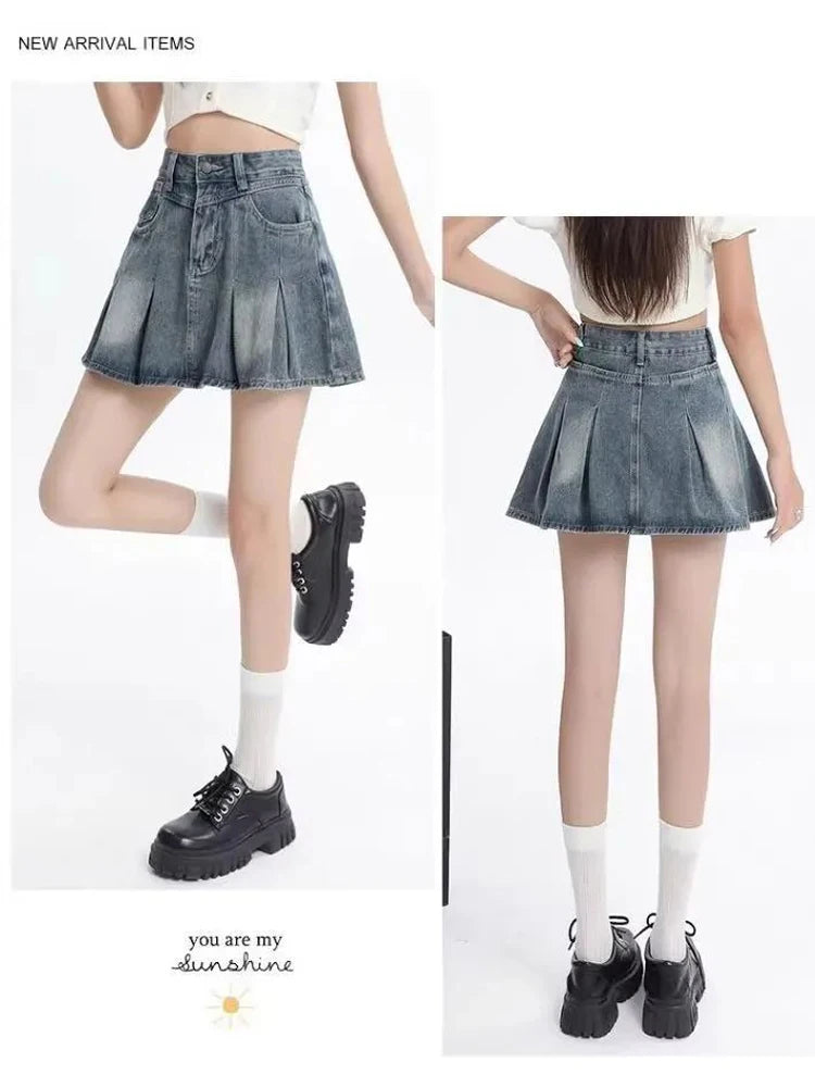 Women's Blue A-line Denim Pleated Skirt Vintage 90s Aesthetic Y2k Jean Skirt Harajuku Korean Cowboy Skirts 2000s Clothes Summer