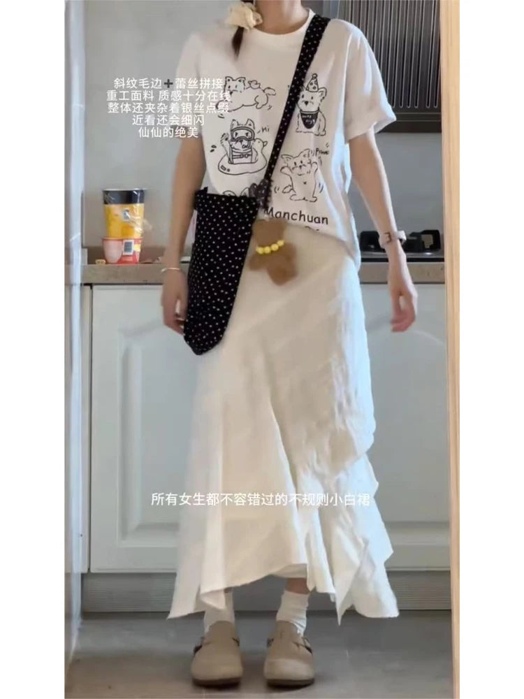 Women's White Y2k A-line Skirt Elegant Harajuku Oversize Long Skirts Streetwear 90s Aesthetic Vintage Skirt 2000s Clothes Summer