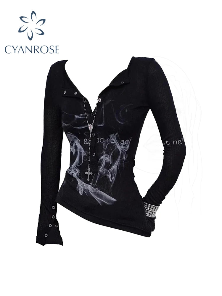 Women Black Gothic T-shirt Harajuku Korean Y2k Tee Top 90s Vintage Long Sleeve Emo Crop Top 2000s Coquette Fashion Clothes 2024