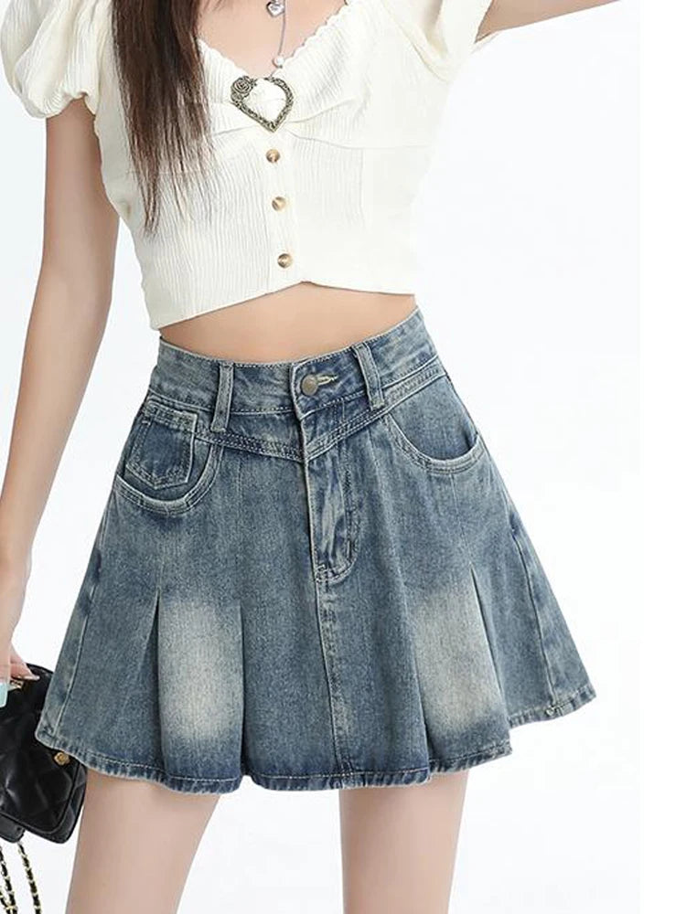Women's Blue A-line Denim Pleated Skirt Vintage 90s Aesthetic Y2k Jean Skirt Harajuku Korean Cowboy Skirts 2000s Clothes Summer