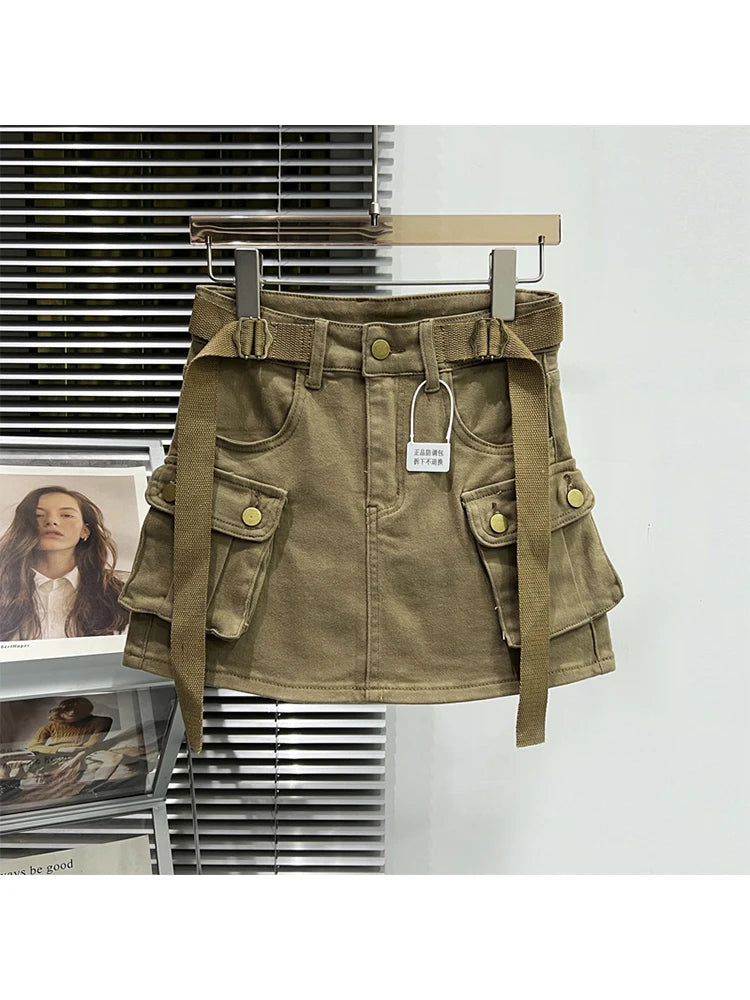 Women Denim Cargo A-line Skirt Vintage Y2k Khaki Skirt Harajuku Korean Streetwear Fashion A-line Skirts Emo 2000s Trashy Clothes