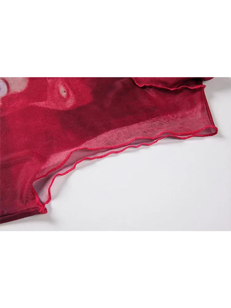 Tie Dye Mesh High Neck Hand Painted Printed Women Top 2022 Summer Fashion Sleeveless Slim T Shirt Lady Holiday Beach Style Tops