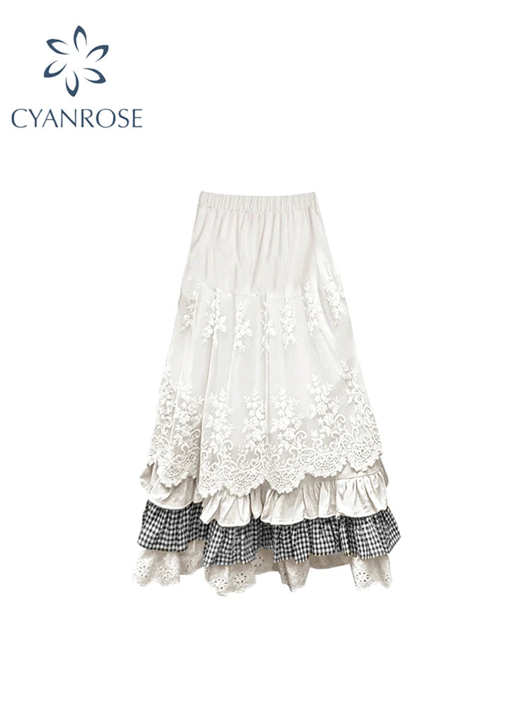 Women's White Y2k A-line Lace Skirt Elegant Harajuku Long Skirts Streetwear 90s Aesthetic Vintage Mori Dirl Skirt 2000s Clothes
