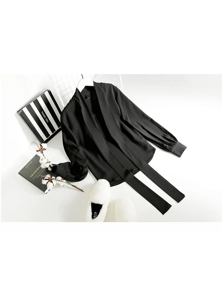 2022 Fall Lace Up Bow Shirt Vintage Long Sleeve Solid Chiffon Casual Blouse Korean Fashion Elegant Office Lady Blusas Woman Tops