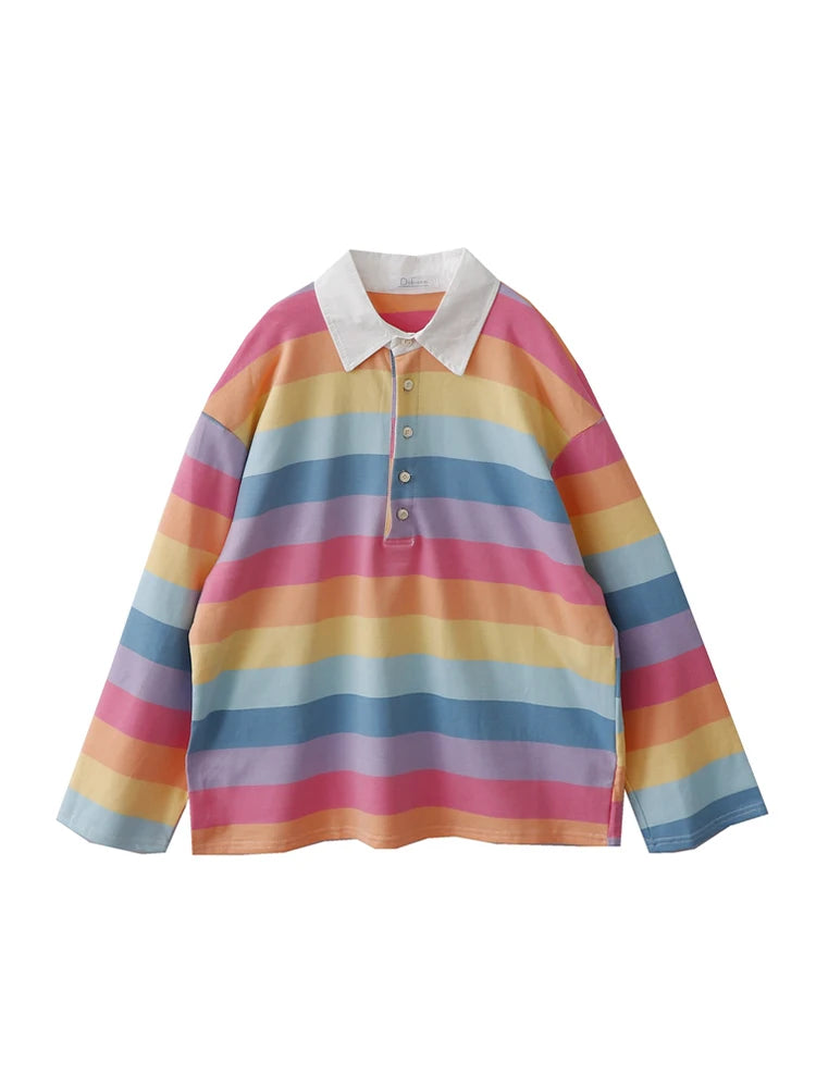 Women's Rainbow Striped T-shirt Harajuku Korean Y2k Tee Top Vintage 90s Aesthetic Long Sleeve T-shirt 2000s Fashion Clothes 2024