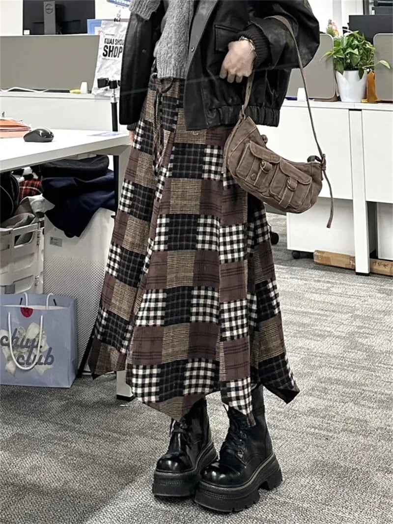 Women's Khaki Y2k Plaid Skirt Elegant Harajuku Long Skirts Streetwear 90s Aesthetic Vintage Patchwork Skirt 2000s Clothes 2025