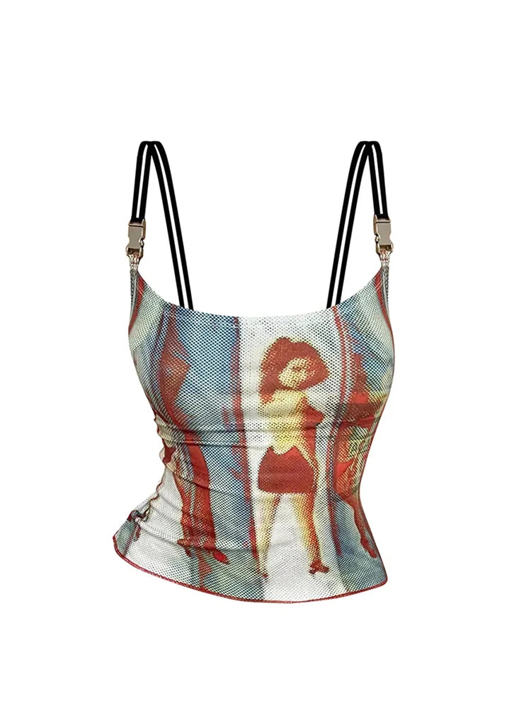 Sexy Slim Spaghetti Strap Camisole Graphic Print Tank Top Y2K Female Vintage Fashion Off Shoulder Vest Women's Crop Top Summer
