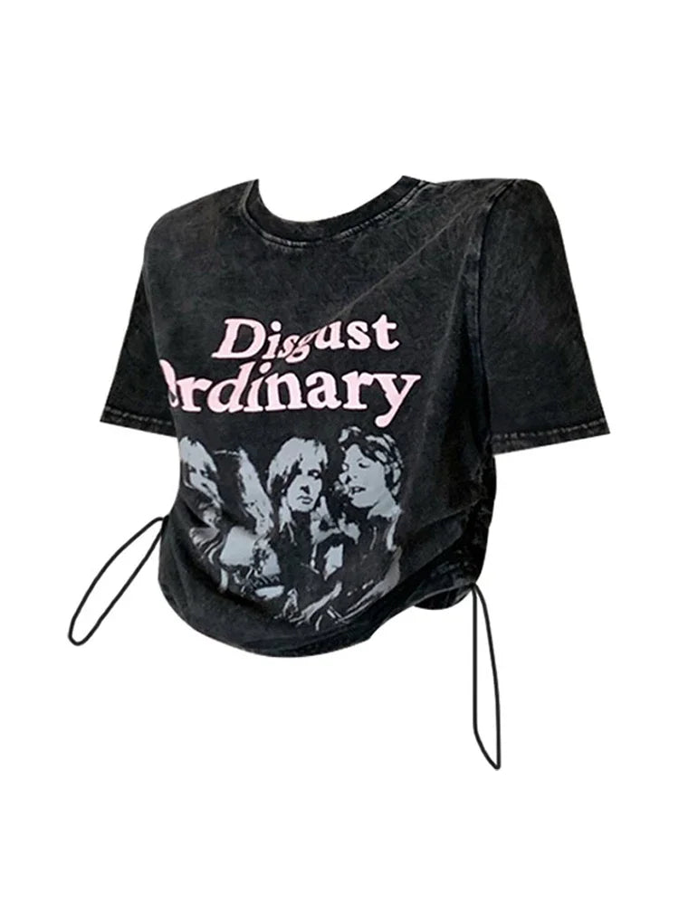 2023 Summer Funny Shirt Women T-Shirts Y2k Harajuku Fashion Korean Vintag Print Crop Tops Vintage Short Sleeve Gothic Black Tee