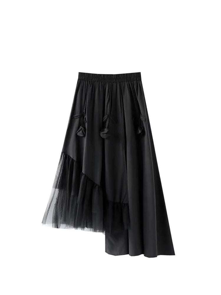 Women Black Gothic Y2k A-line Skirt Elegant Harajuku Patchwork Mesh Skirts Aesthetic Vintage 3D Floral Long Skirt 2000s Clothes