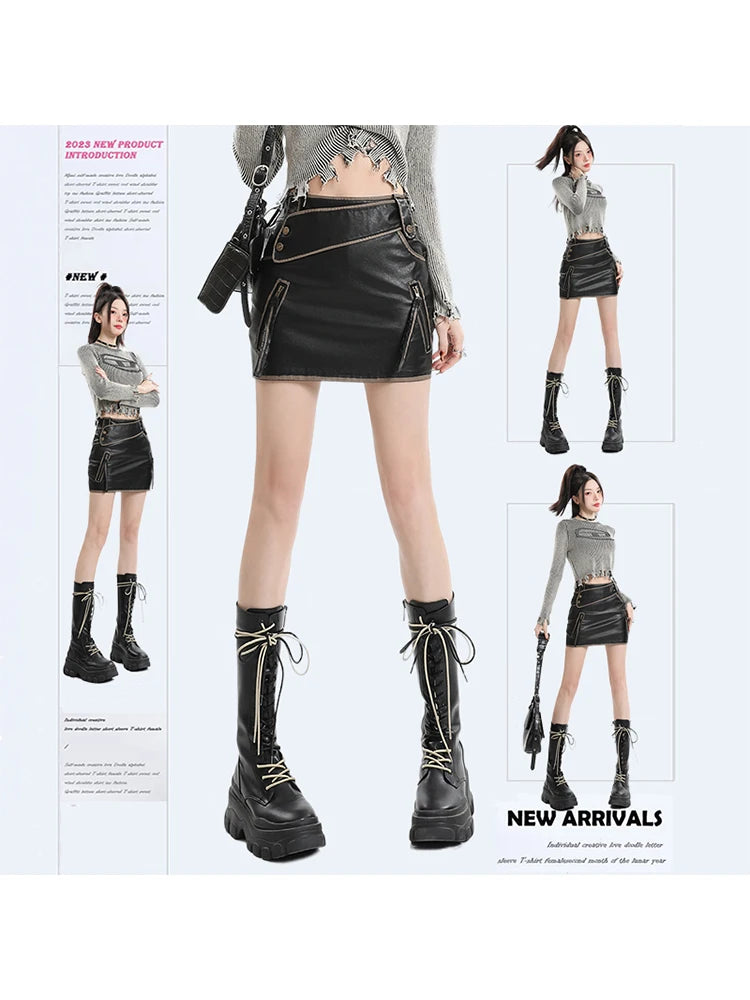 Women Black Gothic A-line Leather Skirt Vintage Y2k Skirt Harajuku Korean Fashion Mini Skirt 2000s Aesthetic Trashy Clothes 2024