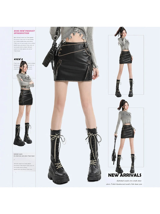 Women Black Gothic A-line Leather Skirt Vintage Y2k Skirt Harajuku Korean Fashion Mini Skirt 2000s Aesthetic Trashy Clothes 2024