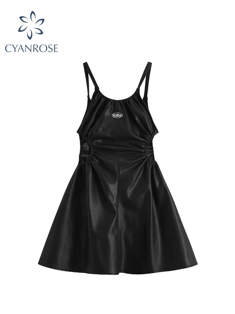 Pu Faux Leather Sexy Black Spaghetti Strap Mini Dresses Women High Waist Hollow Out Design Backless Loose Party Club Midi Frocks