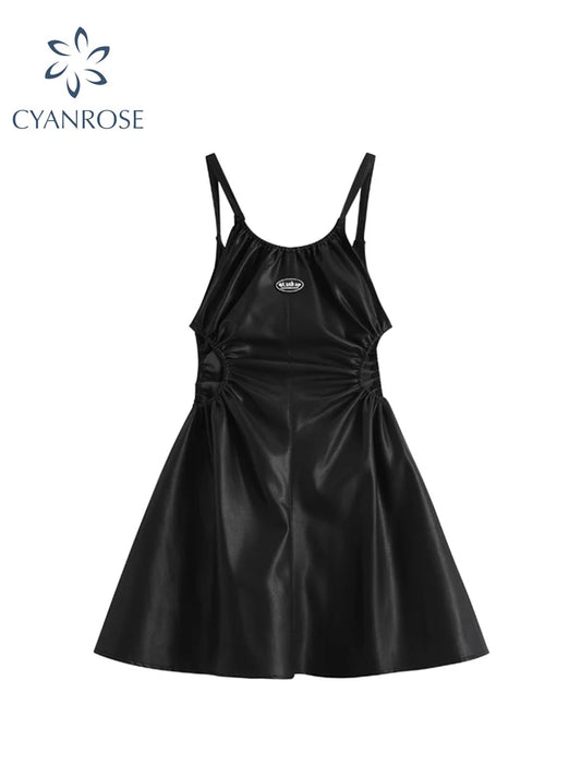 Pu Faux Leather Sexy Black Spaghetti Strap Mini Dresses Women High Waist Hollow Out Design Backless Loose Party Club Midi Frocks