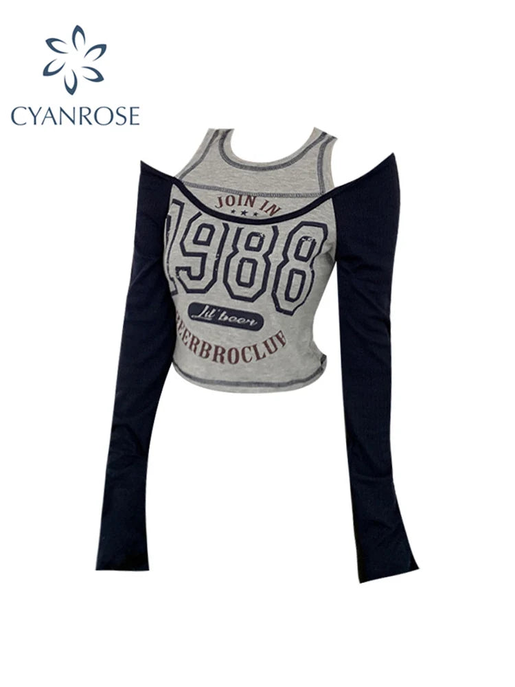 American College Style Women Y2k Off Shoulder O-neck Long Sleeve Tops Women Letter Print Contrast Color Tees Women 2022 Autumn