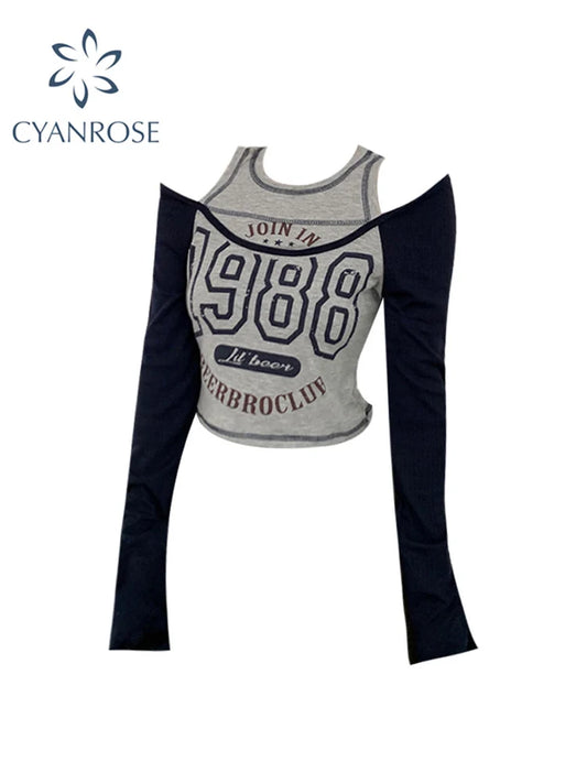 American College Style Women Y2k Off Shoulder O-neck Long Sleeve Tops Women Letter Print Contrast Color Tees Women 2022 Autumn