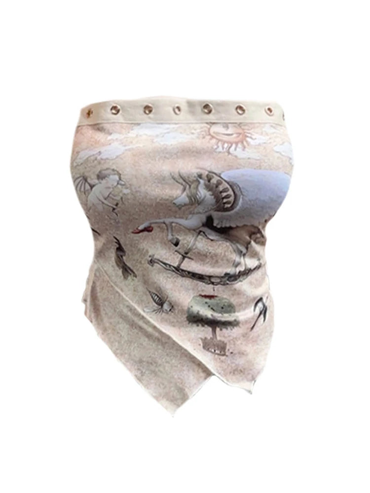 Women's Strapless Crop Top Vintage Y2k Summer Graphic Print Camisole Fashion Streetwear Female Sexy Off Shoulder Tank Top Vest