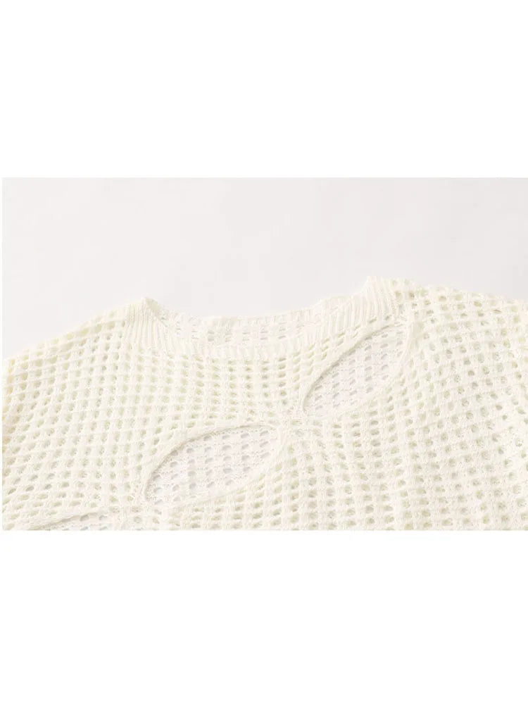 Women Knit O-Neck Pullovers Vintage Loose Long Sleeve Hollow Out Tops Summer Ladies Casual Y2K Clothes Shirts Sweater Knitwear