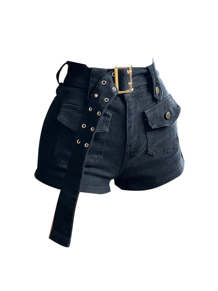 Vintage Women's Denim Shorts Hight Waisted Y2k Casual Jeans Cargo Pants Gothic Black Hot Short Jeans With Belt 2023 Summer New
