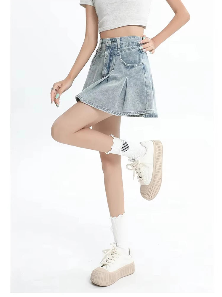 Women's Blue A-line Denim Pleated Skirt Vintage 90s Aesthetic Y2k Jean Skirt Harajuku Korean Cowboy Skirts 2000s Clothes Summer