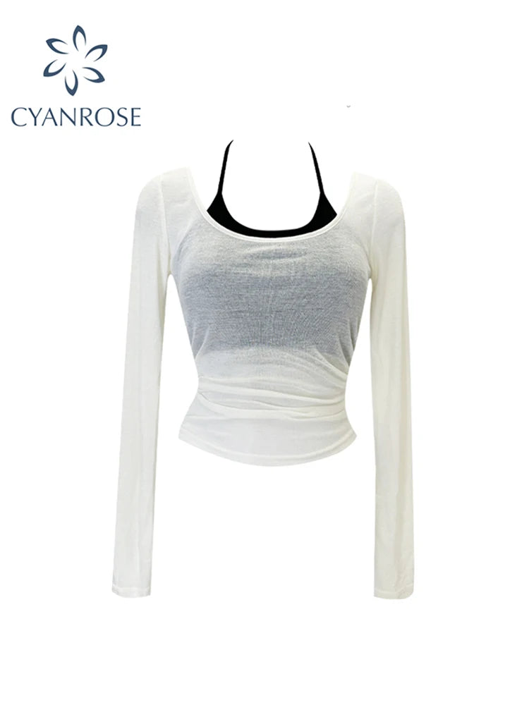 Women's Apricot T-shirt Harajuku Korean Y2k Tee Top 2000s 90s Aesthetic Fashion Vintage Long Sleeves T-shirt Autumn 2023 Clothes