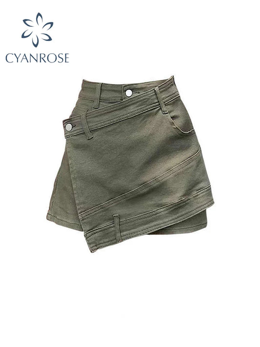Women Army Green A-line Denim Skirt Vintage Y2k Mini Jean Skirt Harajuku Korean Style Cowboy Skirts 2000s Fashion Clothes Summer