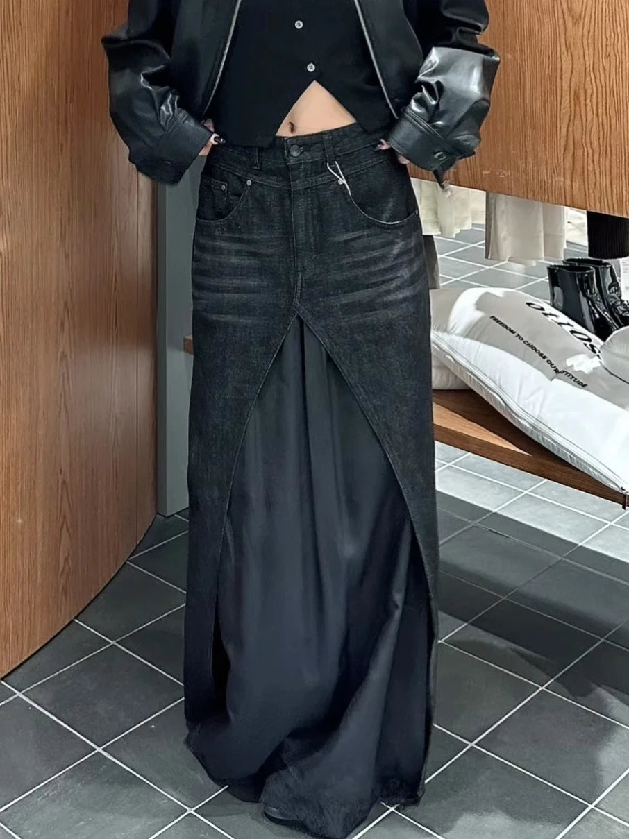 Women Black Y2k A-line Jeans Skirt Patchwork Harajuku Long Denim Skirts Streetwear 90s Aesthetic Vintage Cowboy Skirt 2000s
