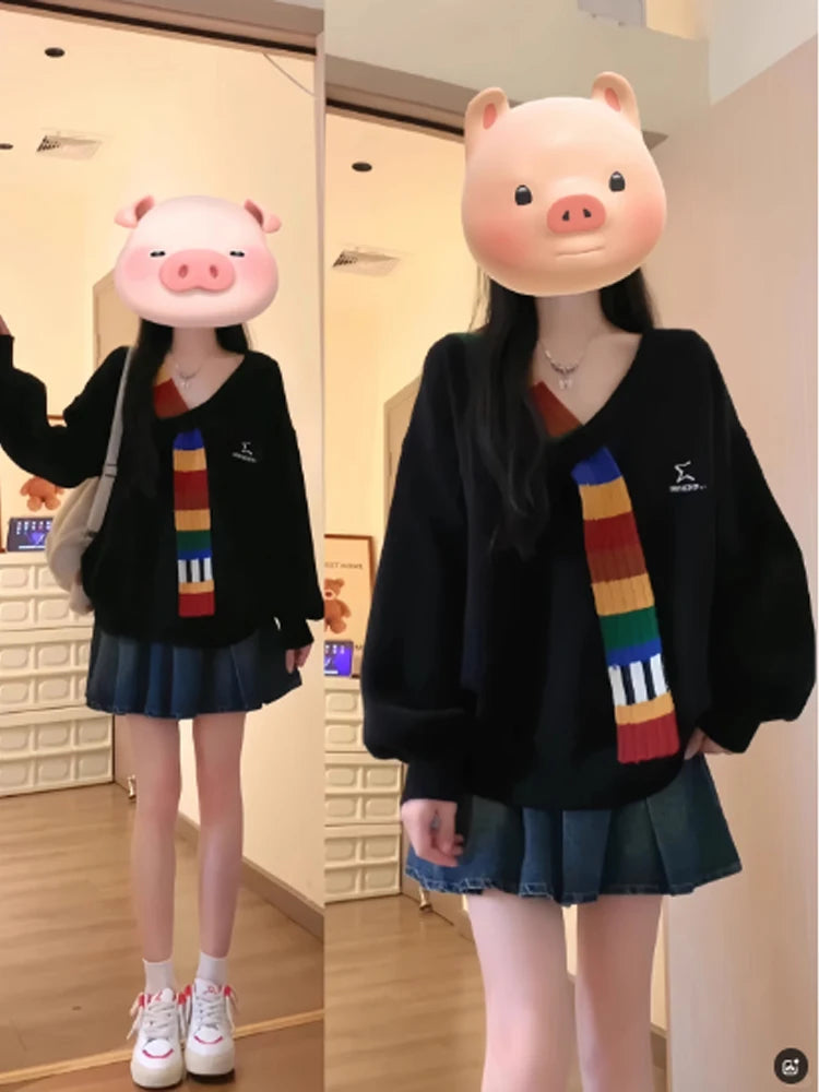 Women's Black Gothic Pullover Sweater Harajuku 90s Vintage Korean Y2k Long Sleeves Cashmere Sweaters Jumper 2000s Clothes Autumn