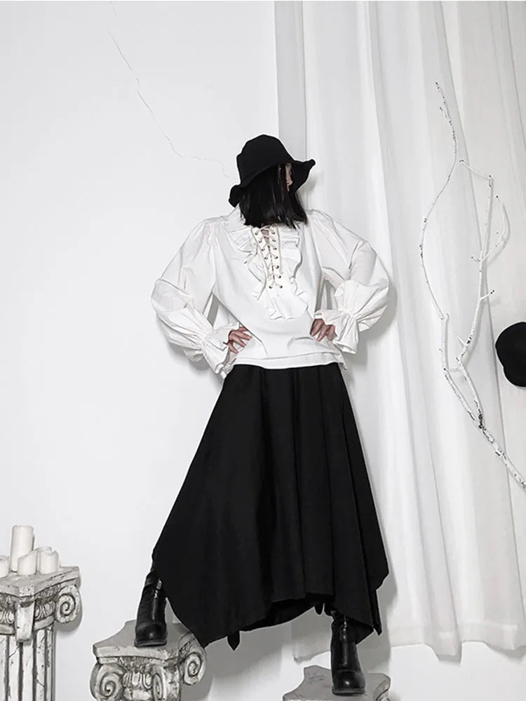 Fall Fashion Vintage Gothic Shirt Women Flare Sleeves Ruffles Oversize Club Party Evening Girl Lolita Black Blouse V-neck Tops