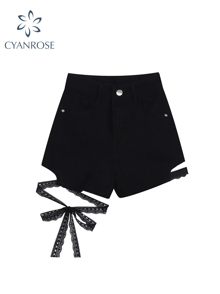 Sexy Slim Summer Women Denim Shorts 2022 New Gothic Black High Waist Short Jeans Y2K Streetwear Female Lace Up Bandage Hot Pants