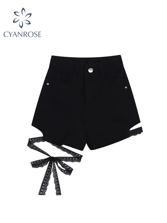 Sexy Slim Summer Women Denim Shorts 2022 New Gothic Black High Waist Short Jeans Y2K Streetwear Female Lace Up Bandage Hot Pants