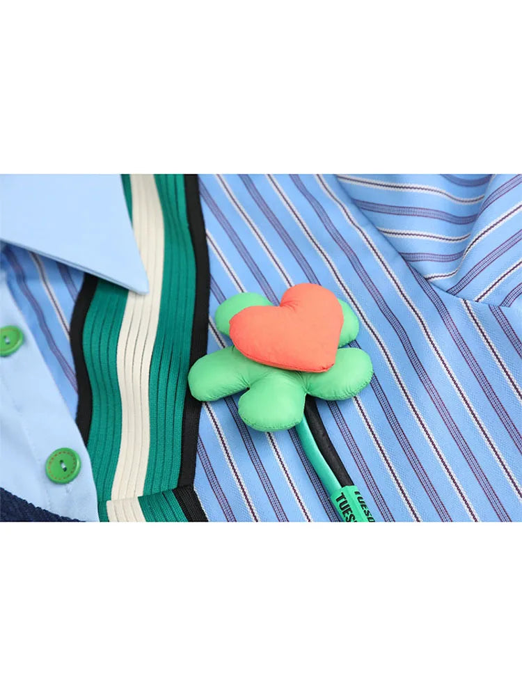 Elegant Women's Fake Two Pieces Striped Patchwork Shirt Chic Vintage Blouses Casual Lapel Collar Long Sleeve Loose Blouse Female