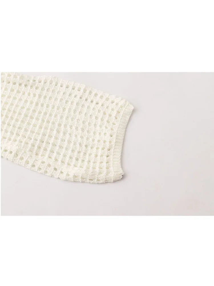 Women Knit O-Neck Pullovers Vintage Loose Long Sleeve Hollow Out Tops Summer Ladies Casual Y2K Clothes Shirts Sweater Knitwear