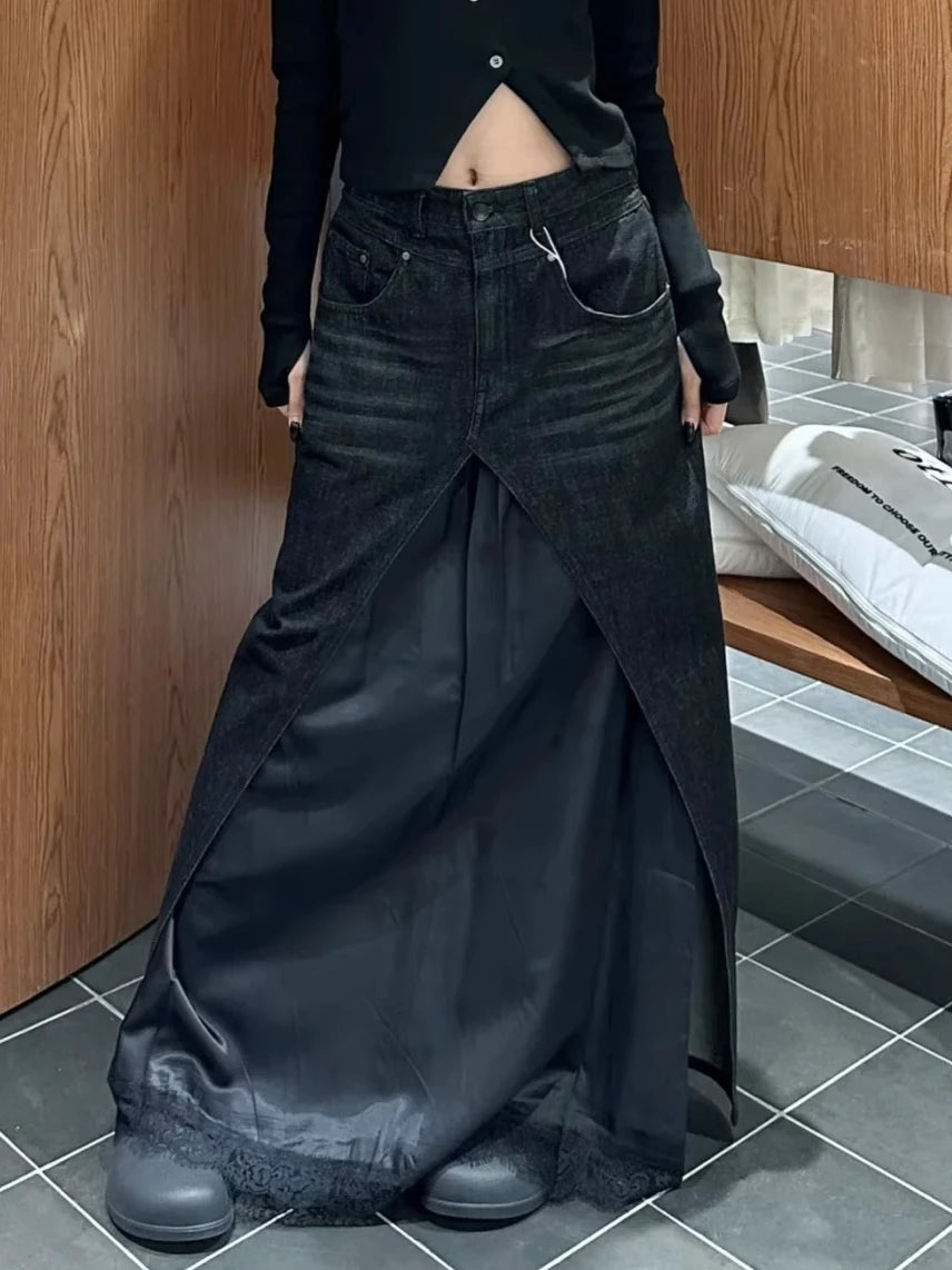 Women Black Y2k A-line Jeans Skirt Patchwork Harajuku Long Denim Skirts Streetwear 90s Aesthetic Vintage Cowboy Skirt 2000s