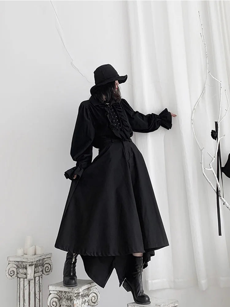 Fall Fashion Vintage Gothic Shirt Women Flare Sleeves Ruffles Oversize Club Party Evening Girl Lolita Black Blouse V-neck Tops