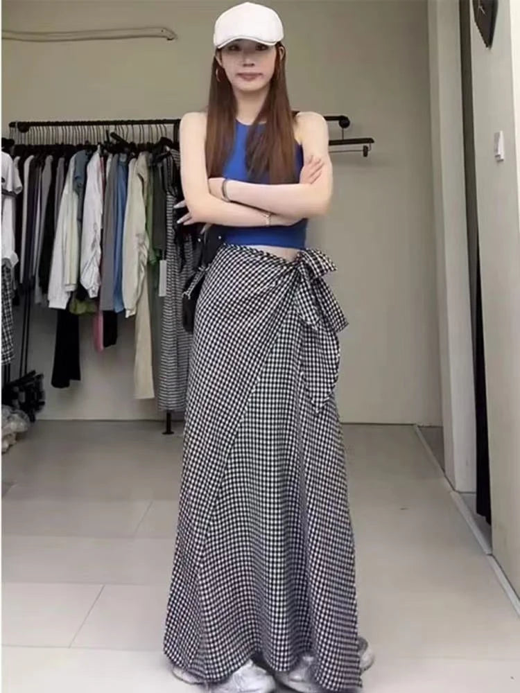 Women's A-line Plaid Skirt Vintage Aesthetic Streetwear Y2k Oversize Long Skirt Harajuku Skirt 2000s Fashion Clothes 2025 Summer