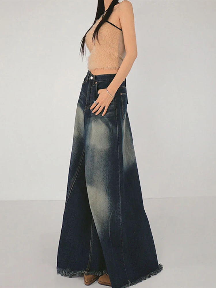 Women's Blue A-line Denim Skirt Y2k Long Jean Skirts Harajuku Vintage Elegant Korean Aesthetic Cowboy Skirt 2000s Clothes 2024