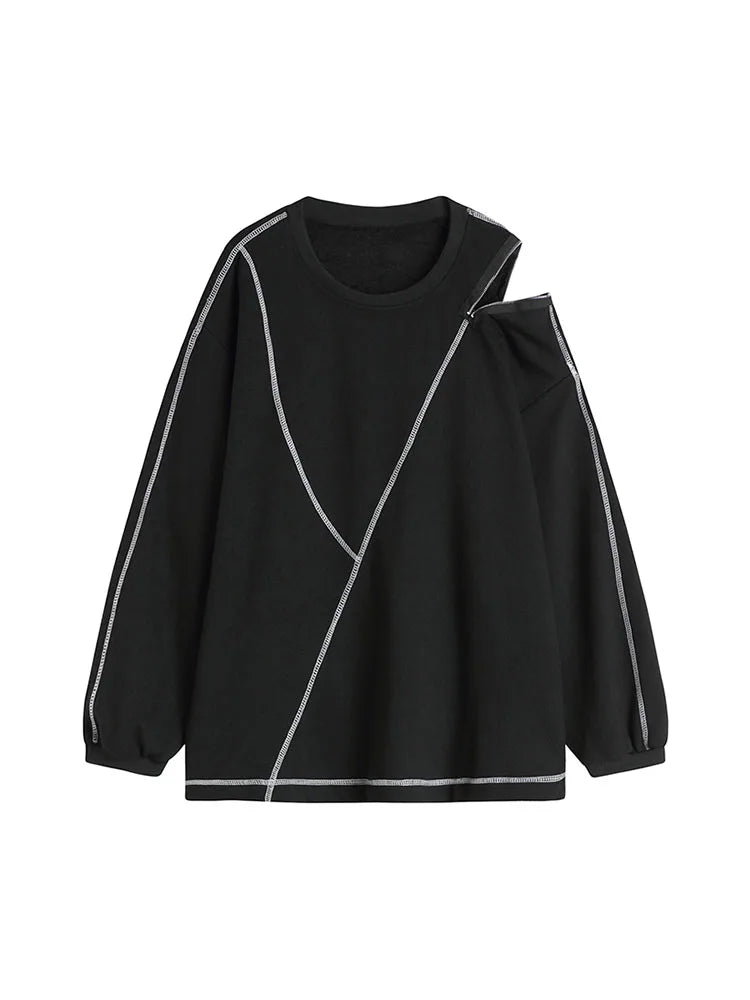 2022 Women Korean Pullover Hoodies Irregular New Trendy Sense Of Design Autumn Solid Color Long Sleeve O-neck Pullover Sweatwear