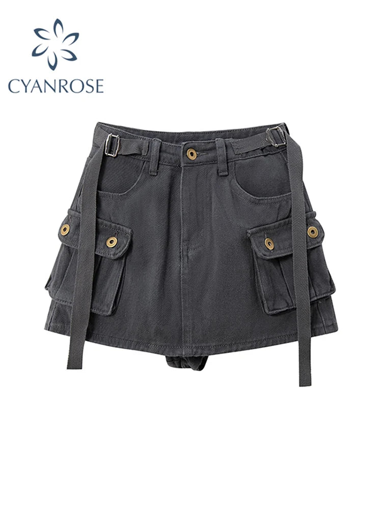 Grey Mini Skirts Womens 2022 High Waist Cargo Skirt Fashion Autumn Winter Woman Skirt Streetwear Short Skirts Pockets For Women