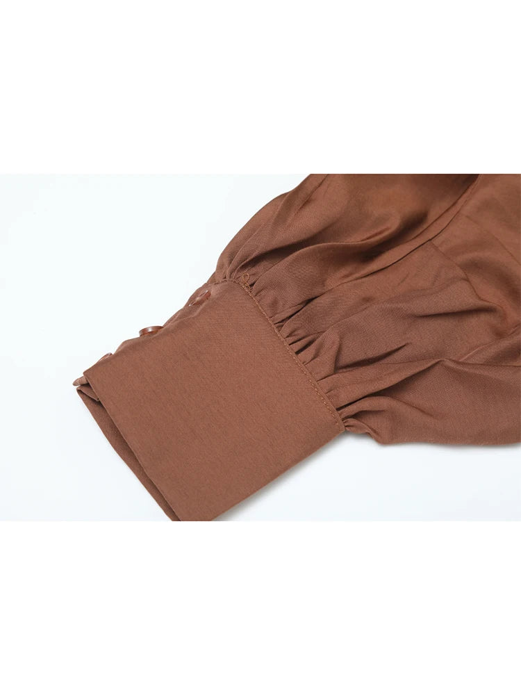 Women's Y2K Retro Coffee Brown Polo Neck Blouse - 90s-2000s Vintage Long Sleeve Elegant Top Autumn 2025